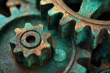 Close-up view of rusted gears with intricate details, showcasing the textures and colors of aged metal, highlighting the beauty of mechanical engineering and vintage craftsmanship