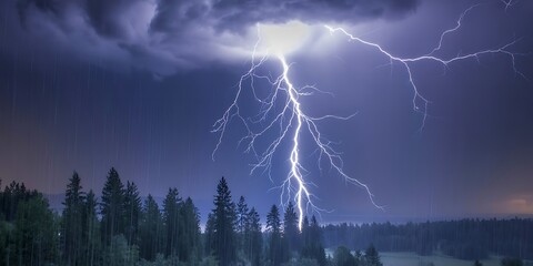 Dramatic lightning strike illuminates a forest scene under a stormy cloudy sky during a heavy rainstorm.