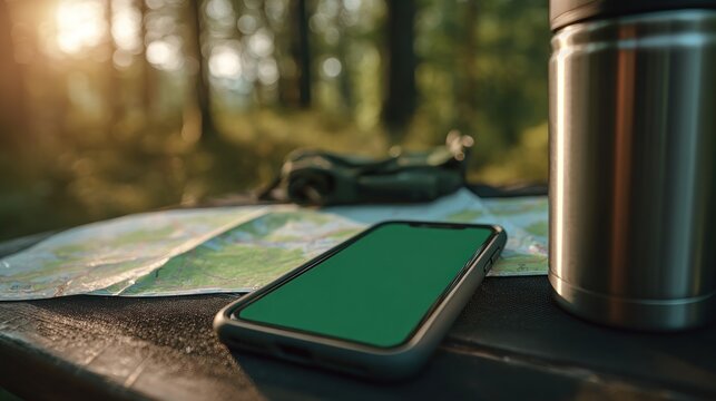 Outdoorsy gear on a table in the woods