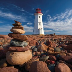 Lighthouse and rock stacks on a beach