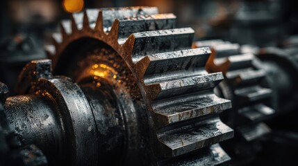 Close-up of a large metallic gear with intricate teeth and a weathered surface, showcasing industrial machinery details and textures in a dimly lit workshop environment