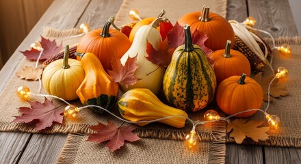Variety of pumpkins, gourds and autumn leaves are displayed on a burlap runner with string lights. Concept for thanksgiving decoration, seasonal harvest display and festive fall arrangement