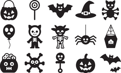 Halloween kids icon set pumpkin candy ghost lollipop bat silhouette vector