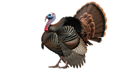 A majestic wild turkey struts with its feathers fanned out in a display of natural beauty, showcasing its intricate plumage and vibrant coloration