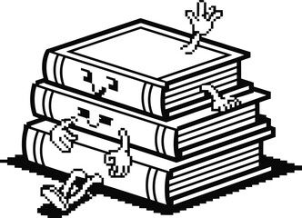 Cartoon illustration of hands emerging from a stack of books