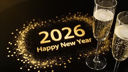 Happy New Year 2026 celebration with sparkling champagne glasses and golden glitter on a black background - Powered by Adobe