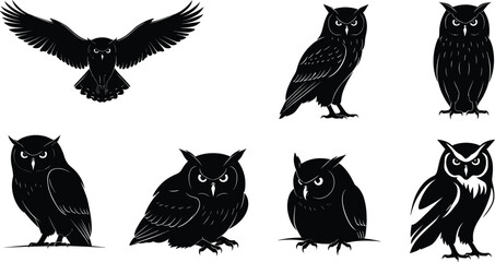owl, bird, wildlife, animal, silhouette, icon, vector, illustration, black, white, flying, perched, standing, crouching, posture, anatomy, feathers, nocturnal, study, design, behavior