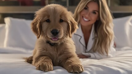 golden retriever puppy lies on a bed with a smiling woman in the background.