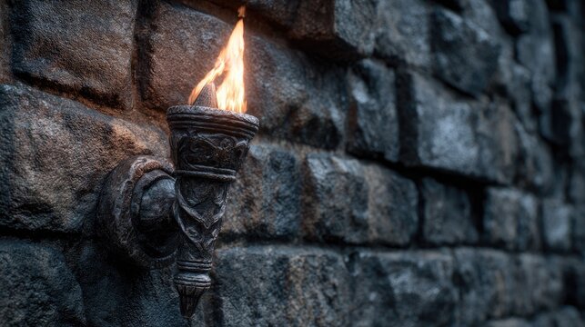 Medieval torch on stone wall