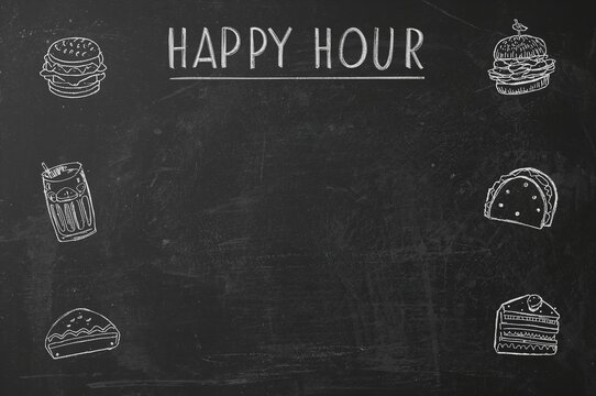 Chalk menu design featuring happy hour snacks and drinks, with copy space