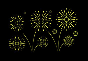 Vintage Firework. Retro gold Explosion burst shapes on Black Background. Vintage light starburst labels, symbols, Firework, Logotype or lettering design element.