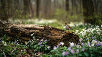 Obraz premium Brown bird perched on mossy log surrounded by blooming flowers in a tranquil forest setting with soft natural light filtering through trees.