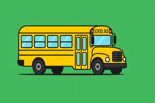 Yellow school bus illustration on green background, cartoon transportation vehicle graphic for education concept, kids commute design, academic travel icon art for learning material, children safety t