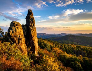 Dramatic rock formations at sunset over a colorful autumn landscape