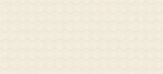 Vector golden minimal seamless pattern with hexagons, lines. Gold and white abstract geometric background with hex grid. Simple minimalist outline texture. Repeated geo design for print, decor, wrap
