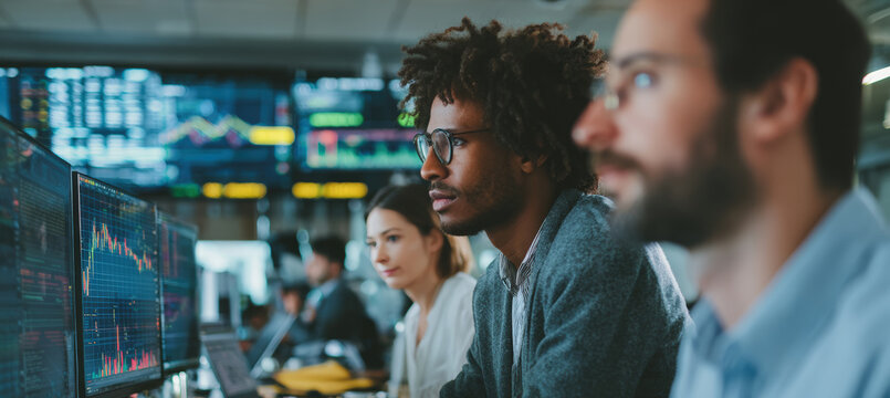 Diverse Financial Analysts Collaborating in Modern Trading Office - Powered by Adobe