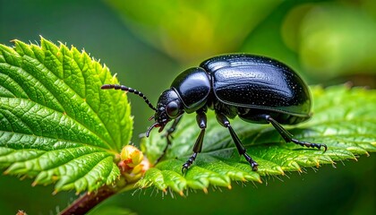 Close-up of a black beetle on green leaves