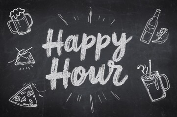 Chalk menu with Happy Hour specials featuring food and drinks  