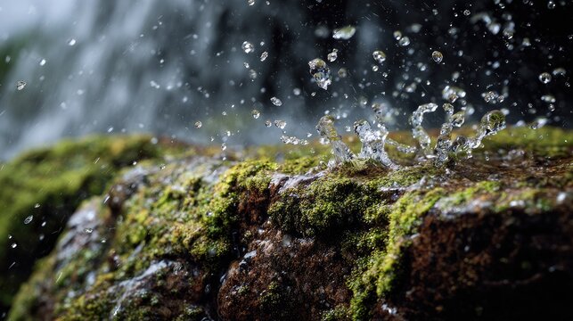 Water splashing on mossy rocks