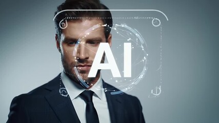 Caucasian Man in Dark Suit Interacting with Holographic Display in Gray Background with Light Burst and Futuristic Technology - Powered by Adobe