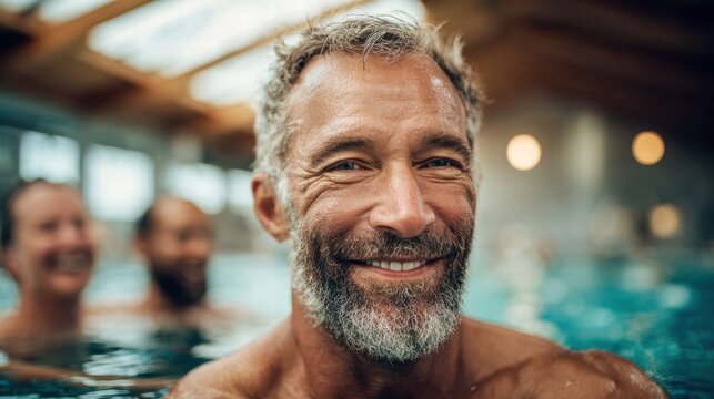 A smiling, grey-haired man enjoys a relaxing swim in a pool of water with others.