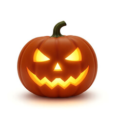 Jackolantern pumpkin with carved scary face and glowing light, isolated on white background