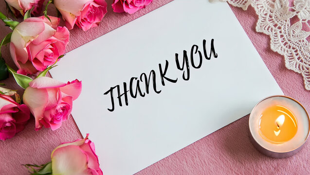 "Thank you" written on a piece of paper against a romantic background. - Powered by Adobe