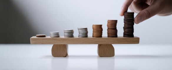 The coins stacked on a wooden balance illustrating savings growth and financial stability