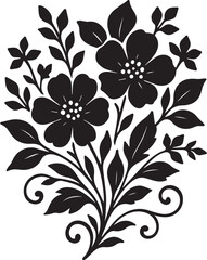 Flowers' silhouettes, leaves of a  branch, hand-drawn vector illustration, black and white vector clipart