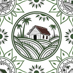 Serene village hut paddy field mandala vector illustration for decorative designs vector