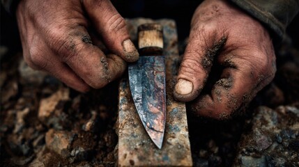 First-Person View of Hands Polishing Hand-Forged Knife Blade with Rugged Texture