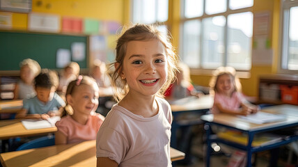 Obraz premium Smiling young woman in a university auditorium. Confidence and friendliness. The action takes place in a classroom, where other students are sitting at desks.