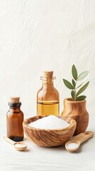 Natural oils and salts in wooden bowls and bottles with green leaves for wellness.