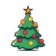 Cartoon christmas tree decorated with ornaments and star