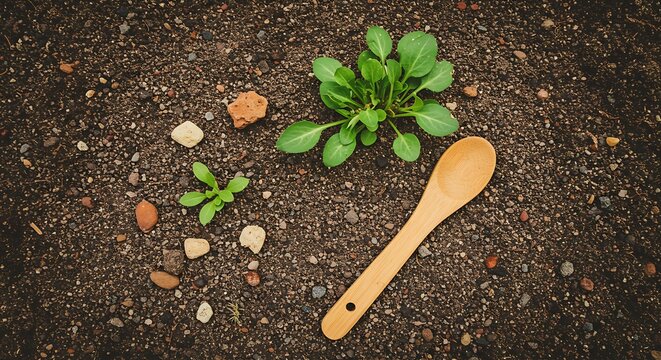 Wooden spoon resting on fertile soil with young plant sprouts emerging - Powered by Adobe