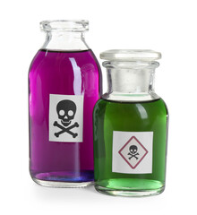 Bottles of poison with warning sign isolated on white
