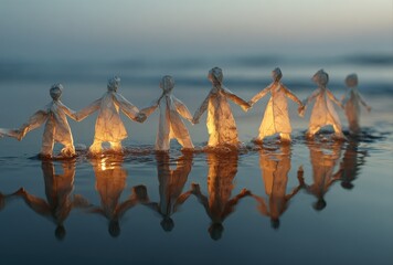 Paper figures holding hands wade into the water, creating a stunning reflection and evoking a sense of unity, hope, and connection near the ocean