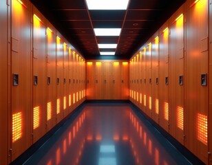 Fototapeta premium Modern Orange Locker Room Corridor with Dynamic Illumination.