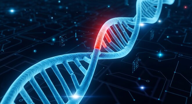 Detailed 3D rendering of DNA strand with highlighted segment on a circuit board backdrop, concept for genetic research, pharmaceutical innovation and medical technology visualization