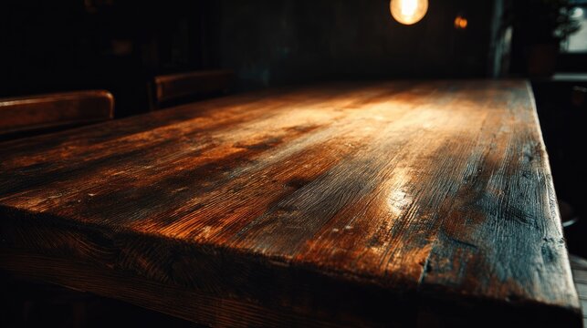 Rustic wooden table top, dimly lit