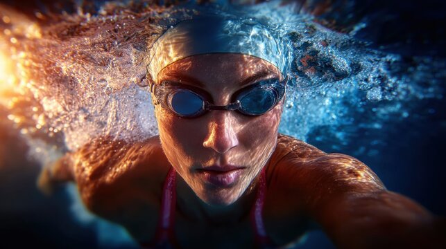 A determined woman swims underwater, showcasing focus and dedication in the pool.