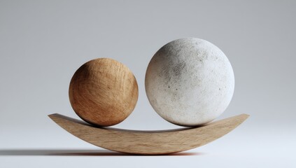 Two spheres balanced on a wooden seesaw (1)