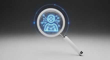Magnifying glass reveals digital profile of a person on a futuristic interface representing data analysis and person identification