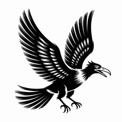 Obraz premium Black and White Raven in Flight Vector | Stylized Raven Illustration with Open Wings | Calling Raven Black and White Line Art