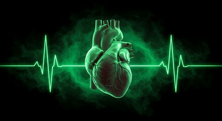 Dynamic heart pulse graphic with medical ECG line and green smoke