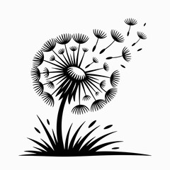 Obraz premium Black and White Dandelion Vector Illustration | Dandelion with Seeds Blowing in the Wind Line Art | Simple Dandelion Design Element in Grass
