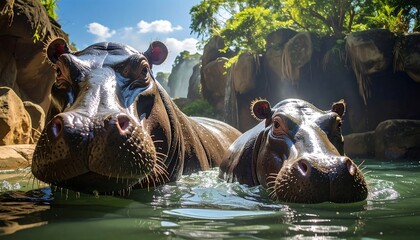 Fototapeta premium Two hippos in murky water, with a vibrant green backdrop of foliage and cascading water. Sunlight filters through
