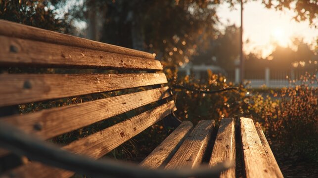 Wooden park bench at sunset