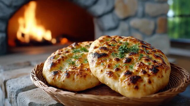 Golden Hearth Breads: Two golden, freshly baked flatbreads, adorned with subtle herbs, are nestled in a rustic basket. Behind them.