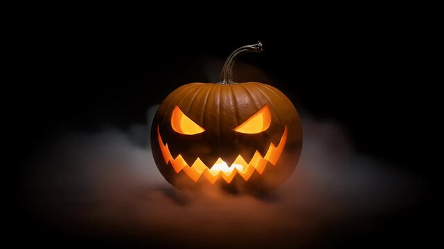Glowing jack-o'-lantern with jagged smile and eye holes in spooky, smoky dark